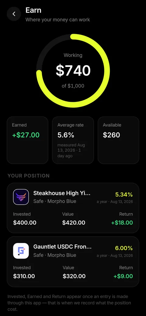 Earn screen: a ring showing what share of the balance is working, with earned, average rate and available beside it