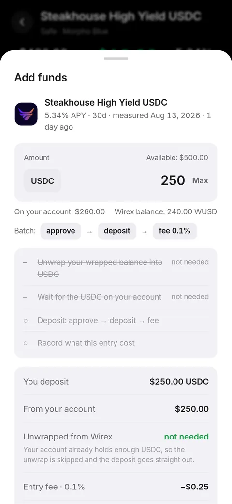 The Add funds sheet, with the unwrap step struck out as not needed