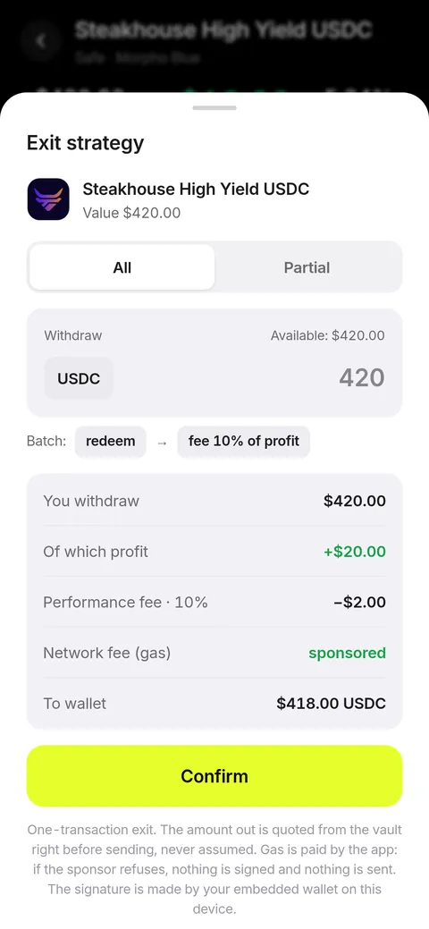 The Exit sheet: the amount out, the profit inside it and what reaches the wallet