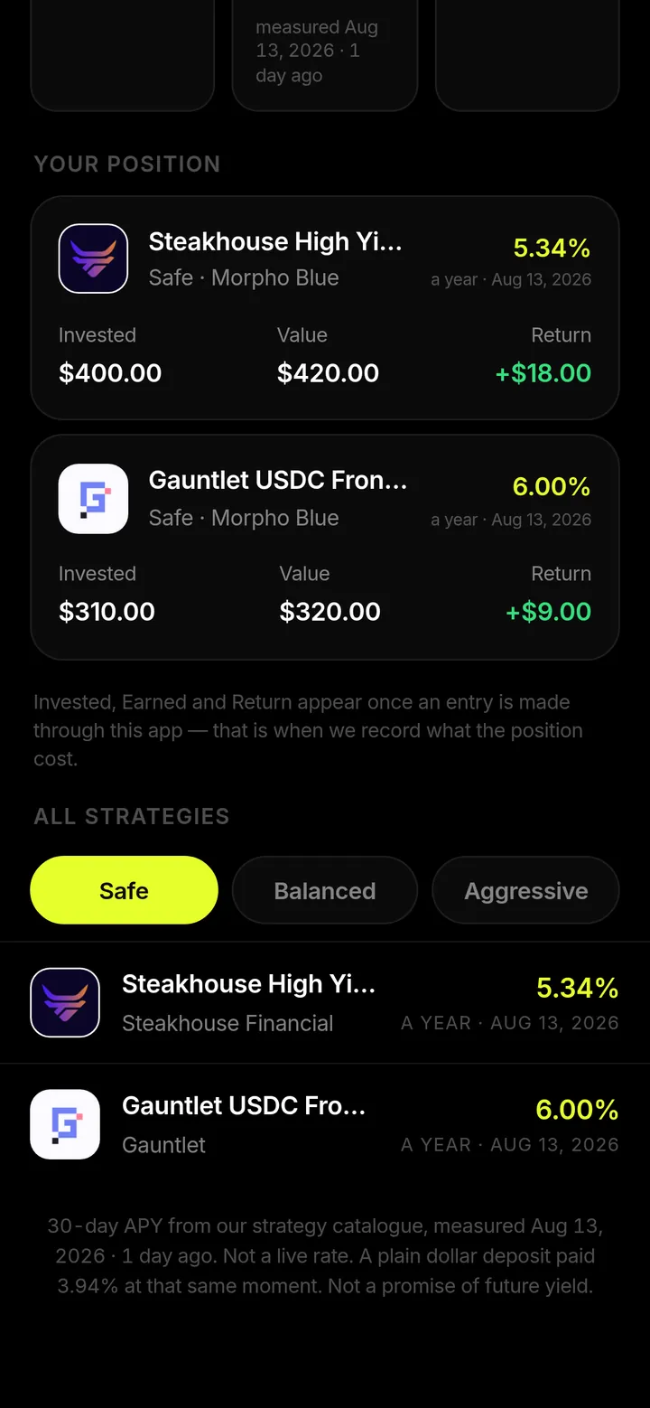 Strategy list: what each one returned over the last 30 days, the protocol behind it and its risk tier