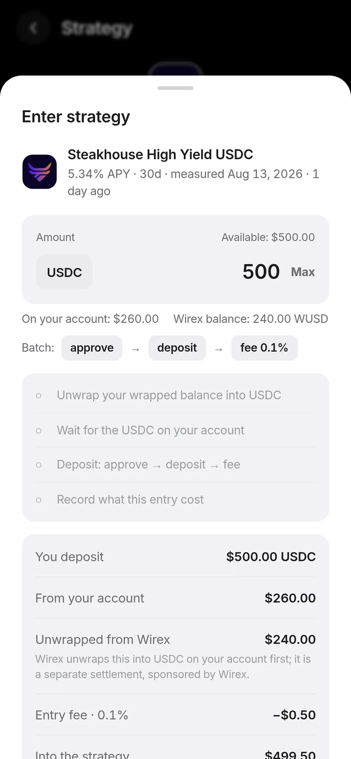The entry sheet: amount, the steps the transaction will take and what the entry costs